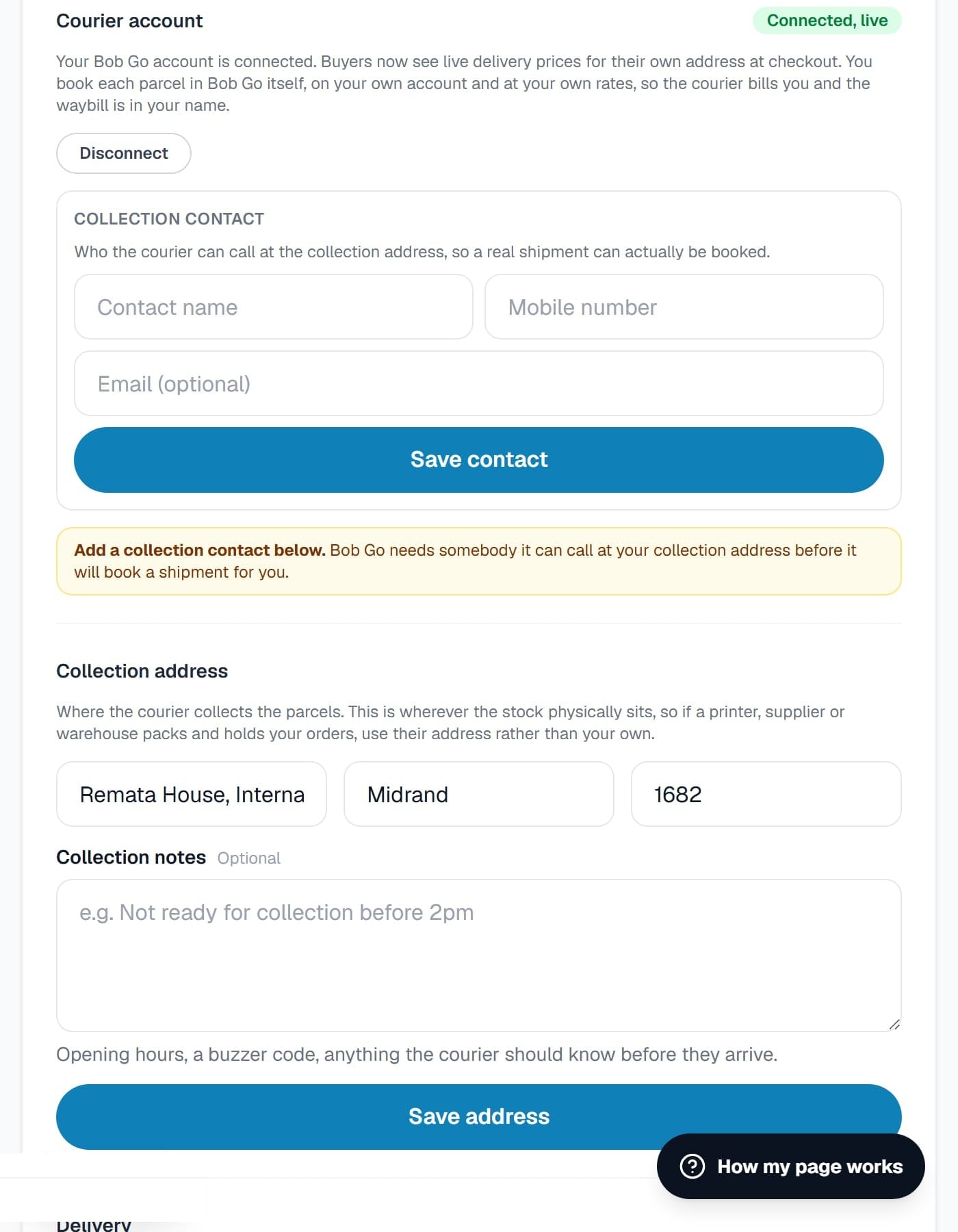 The Courier account and Collection address forms in the dashboard, connected and filled in