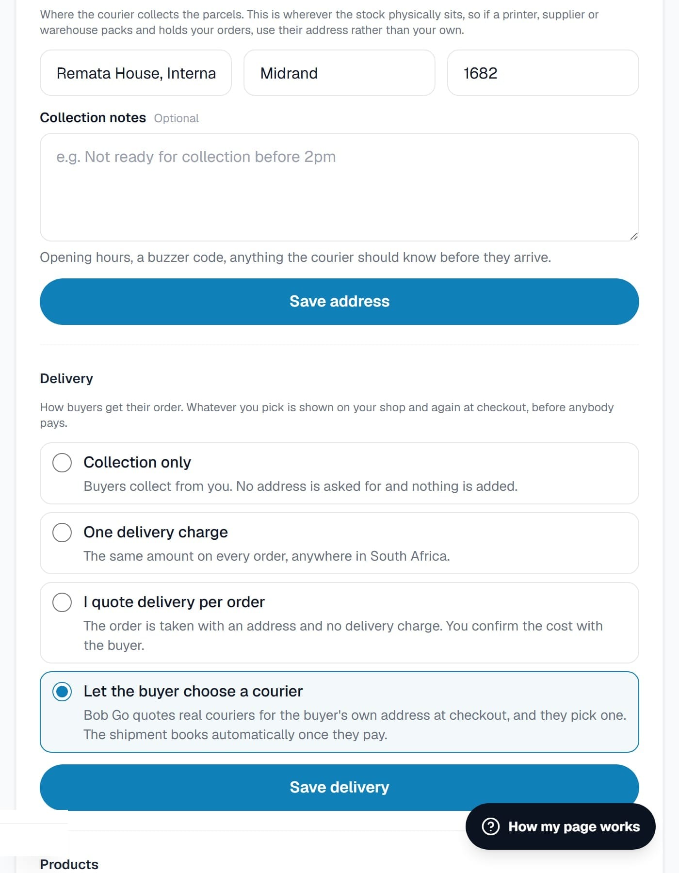 The Delivery section with Let the buyer choose a courier selected