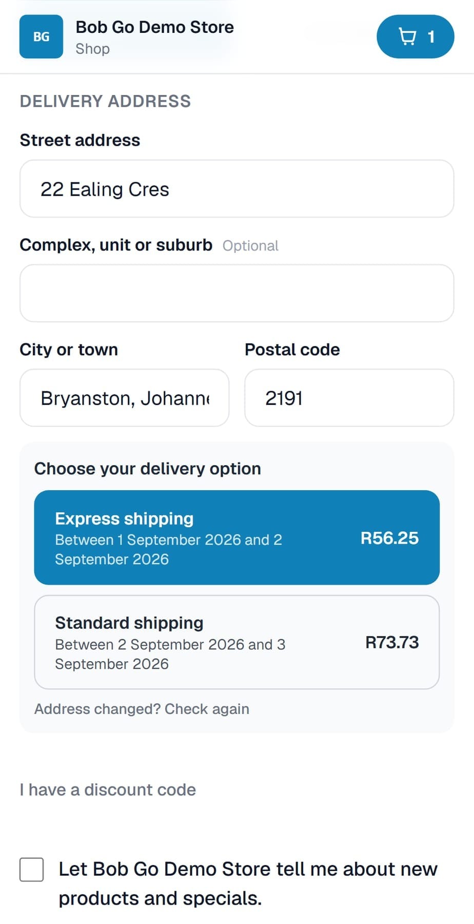 A real checkout showing live Bob Go delivery prices, with one chosen and the total updated