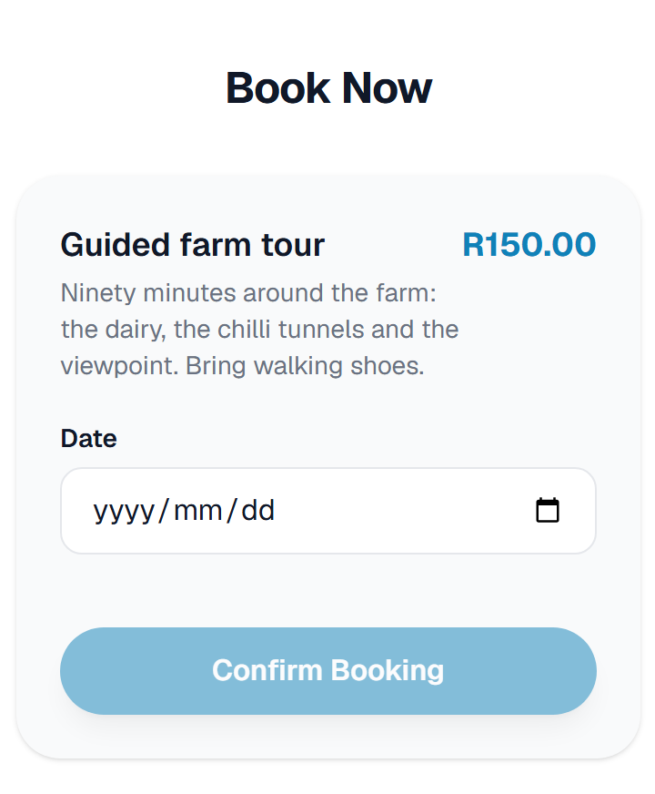 A booking section on a business page: pick a slot, fill in your details, done