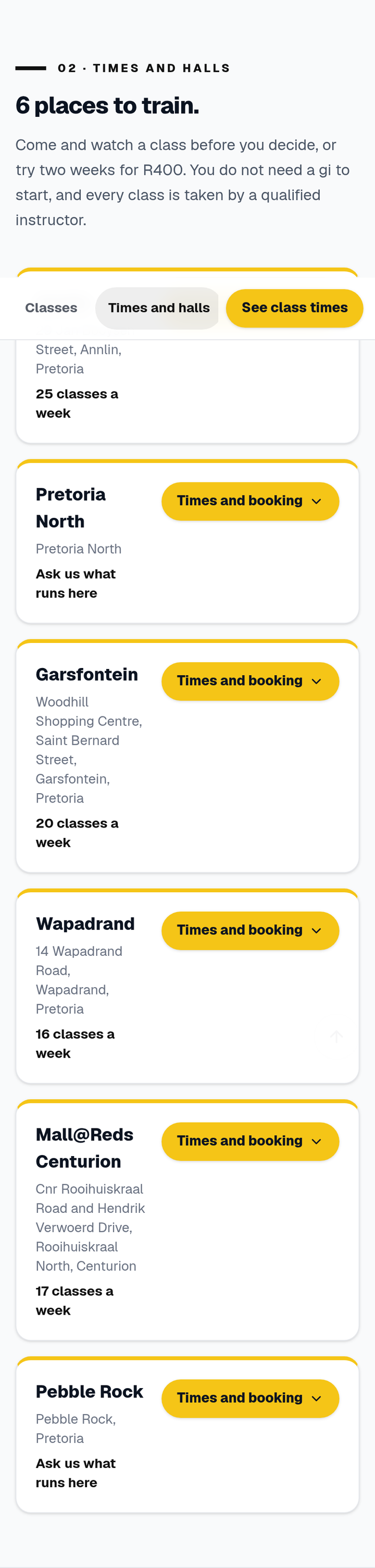 A club's timetable band on a phone: six training venues, each with its class count and times