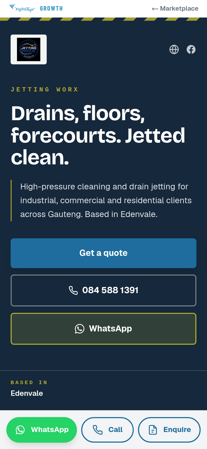 A business page on a phone with tappable call and WhatsApp buttons in the first screen