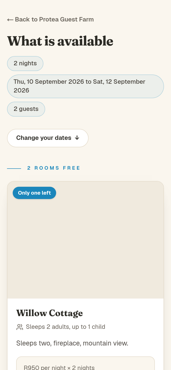 A stay search on a phone: real rooms, real rates, only the dates that are actually free