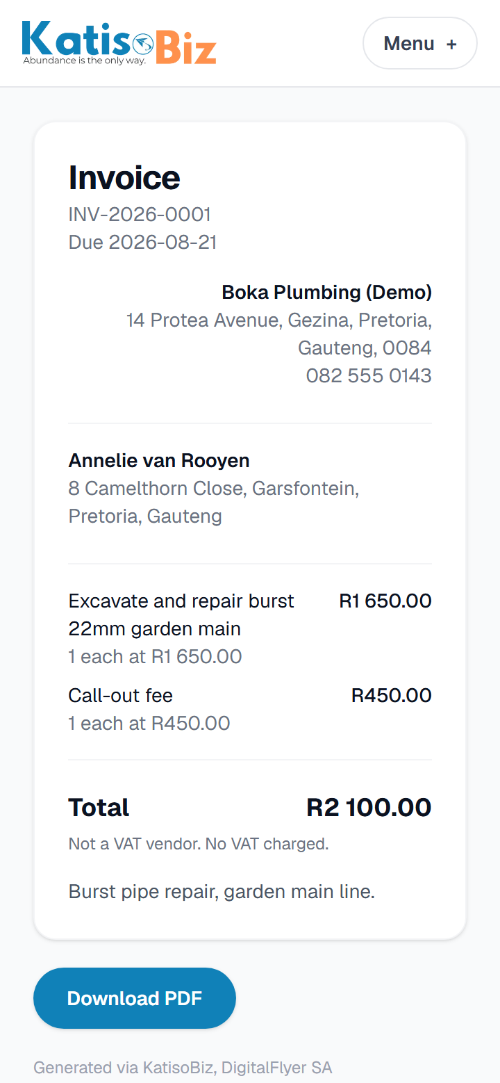 An invoice as the customer sees it on a phone, with the Pay Now button