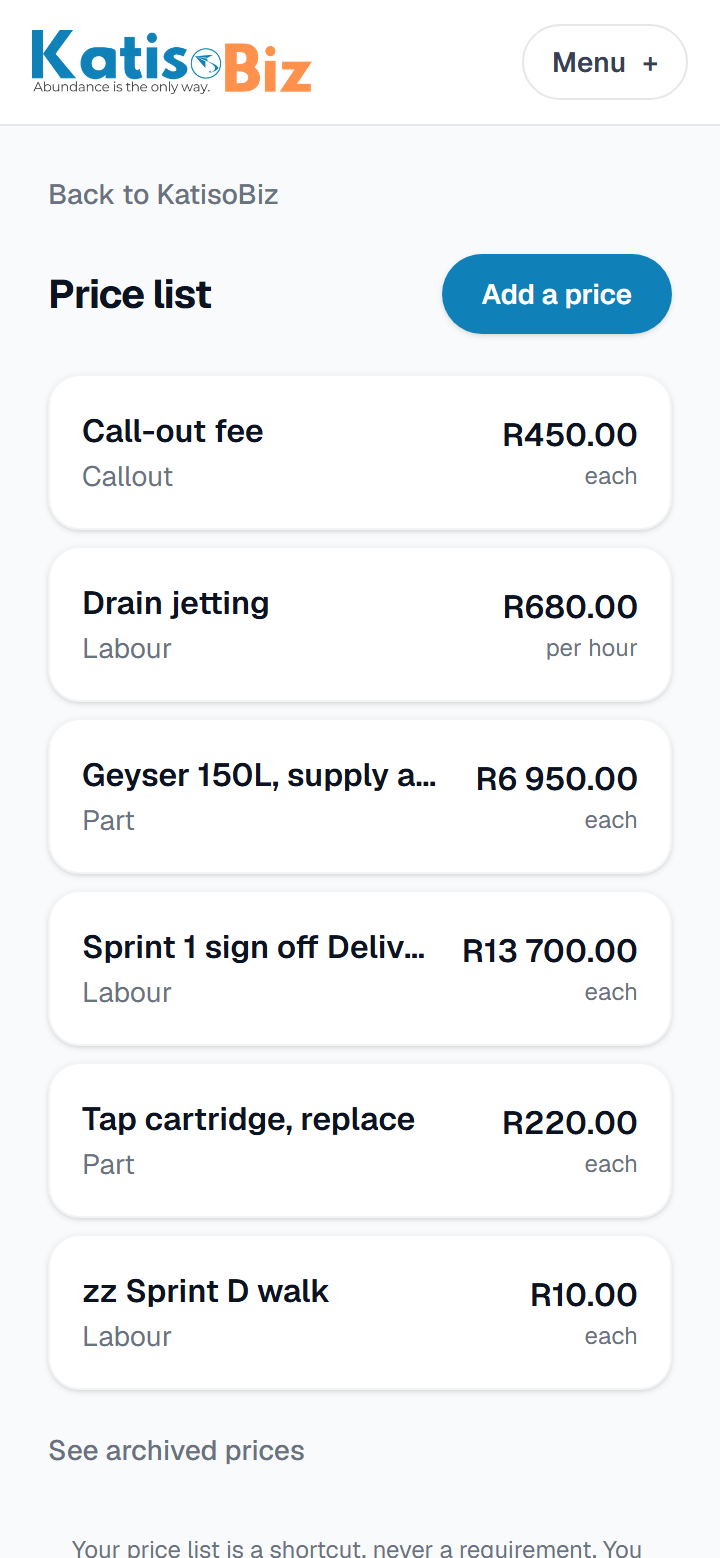 A saved price list on a phone, ready to tap into a quote