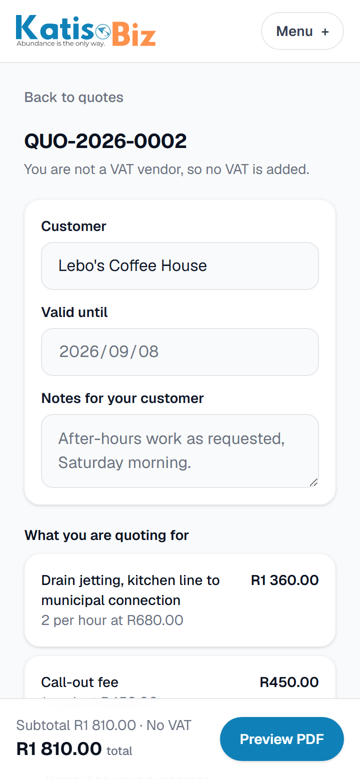 An accepted quote on a phone, one tap from becoming the invoice