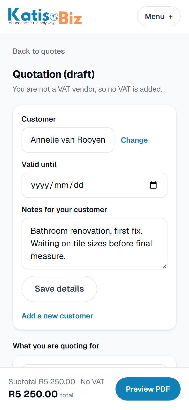 The quote builder on a phone: customer picked, a line added, the total adding itself up