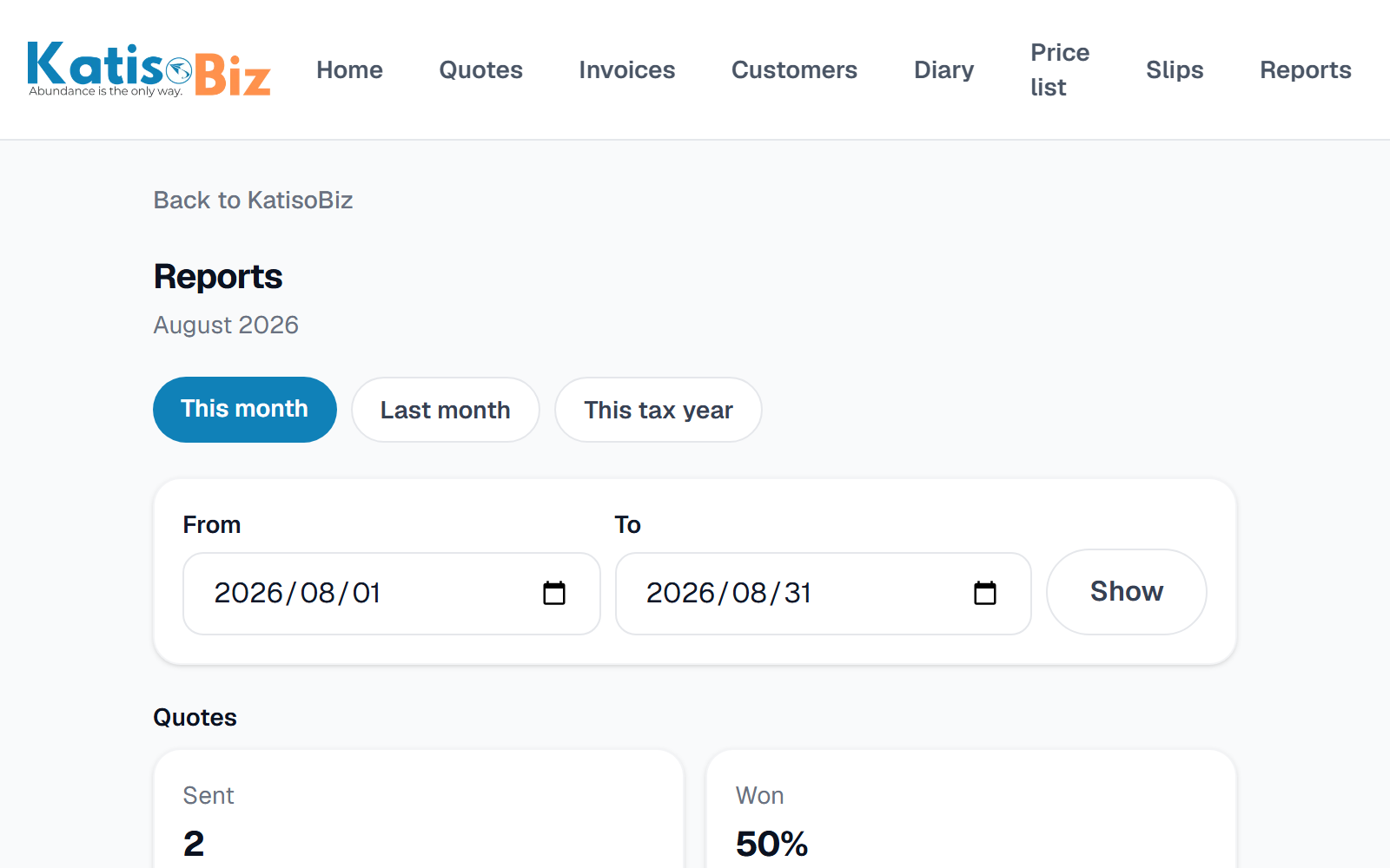 The reports screen: what you quoted, invoiced and were paid, with the accountant export