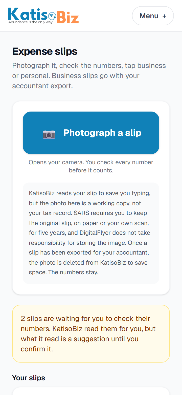 The slips screen on a phone: photographed till slips with supplier, date and amount read off them